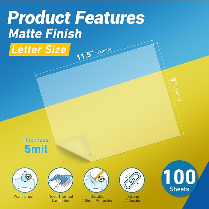 Uinkit Matte Thermal Laminating Pouches 9 x 11.5 Inches 5 Mil Thick Matte Finish 100 Sheets Large Package Fitted for Letter Size Laminating Sheets 8.5 x 11