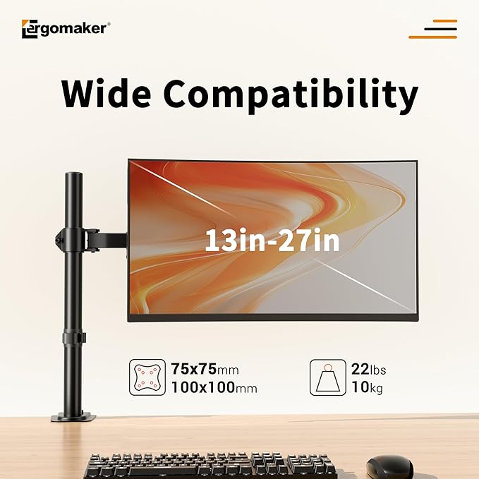ERGOMAKER Single Monitor Mount for Desk, Monitor Stand Fits 13" to 27" LCD Screens, Fully Adjustable Display Arm with C-Clamp and Grommet Base, VESA 75x75 100x100mm, Black