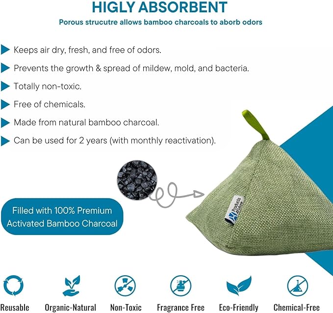 4 Pack of 200g Naturally Activated Bamboo Charcoal Air Purifying Bags | Natural Home Deodorizer Bags | Charcoal Bag Odor Absorber For Pets | Odor Eliminator & Moisture Absorber Air Freshener Bags