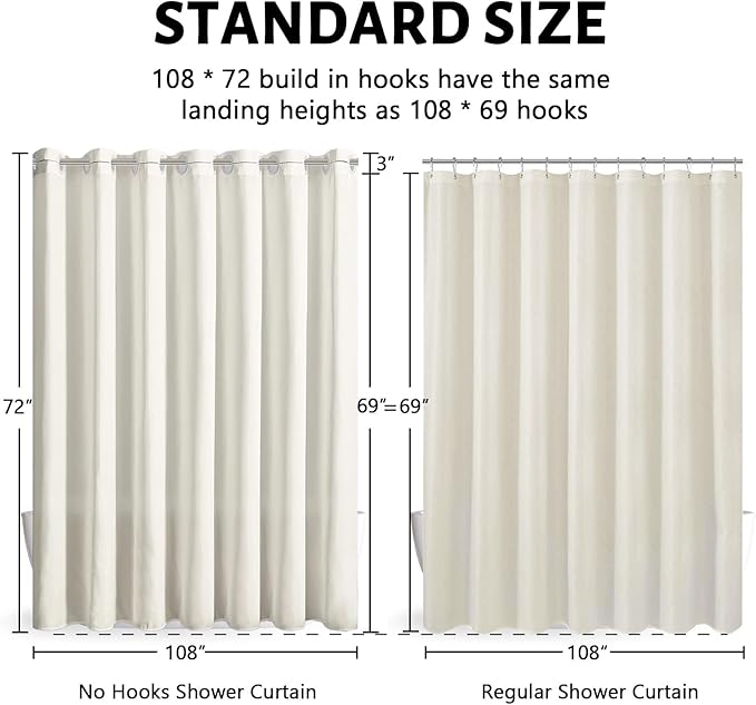 Furlinic Extra Wide No Hook Beige Shower Curtain 108x72 Inch,Polyester Fabric Waterproof Shower Curtain Liner with 14 Plastic Split Grommets,Washable Shower Curtains for Bathroom Hotel Spa Luxury