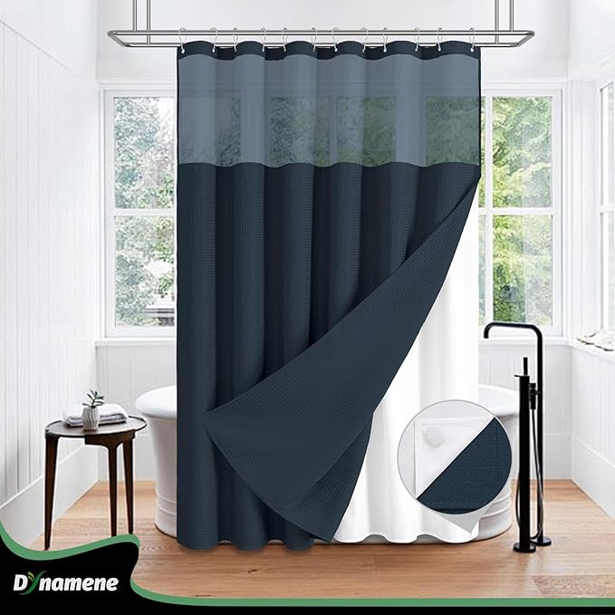 Dynamene 78 Inch Long Shower Curtain, Tall Waffle Fabric Shower Curtains for Bathroom, Hotel Waterproof Cloth Shower Curtain Liner Set with Hooks, Snap in Liner, Mesh Top Window, Navy Blue, 72x78