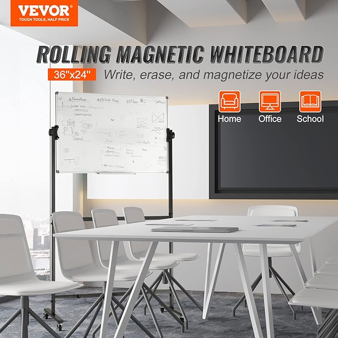 VEVOR Rolling Magnetic Whiteboard, Double-Sided Mobile Whiteboard 36x24 Inches, 360° Reversible Adjustable Height Dry Erase Board with Wheels & Movable Tray for Office, School