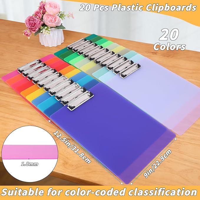 20 Pcs Plastic Clipboards Bulk 20 Assorted Colors 12.5 x 9 In Clear Colored Clip Board Standard A4 Letter Size Low Profile Clipboard Portable for Classroom Office Supplies Students Back to School