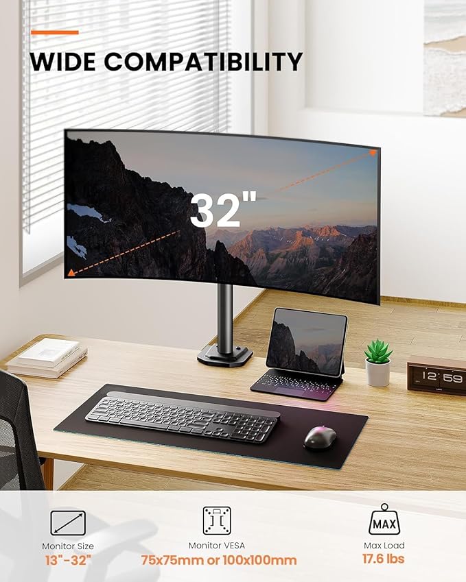 Ergear Monitor Mount for Most 13-32" Computer Screens up to 17.6lbs, Improved LCD LED Monitor Riser, Adjustable Height and Angle, Single Gaming Desk Mount Stand, Black, EGCM12