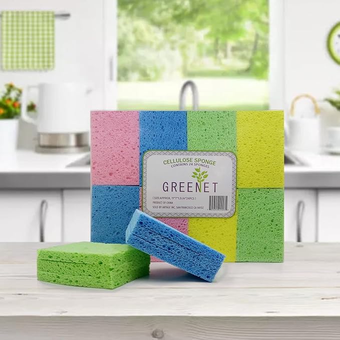 Cellulose Sponges Kitchen, for Washing Dishes, in Bulk, 24 Pack (3 Count x 8 Individually Wrapped + 2 Free Scouring Pads), 100% Natural Biodegradable