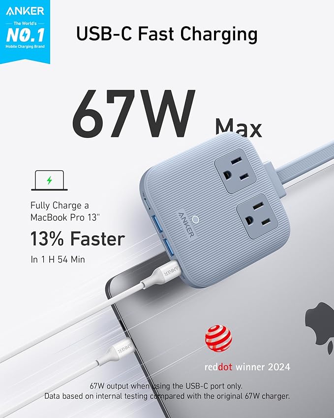 Anker Travel Power Strip, Anker Nano 67W Max 6-in-1 USB C Charger, 2 AC, 2 USB A and 2 USB C, 5ft Thin Undetachable Flat Plug Extension Cord with Multiple Outlets, Travel Essentials, Cruise Essentials