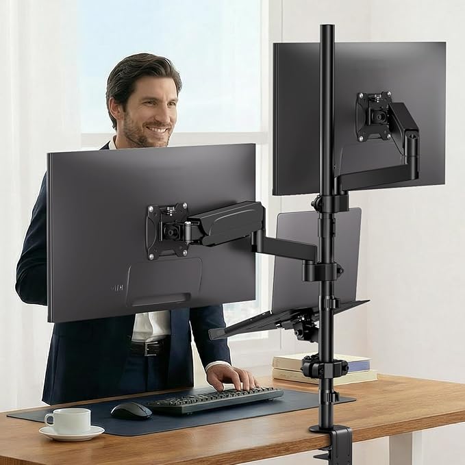 Dual Monitor and Laptop Mount Stand with Extra Long Pole, Holds 2 Monitors up to 32 Inch 19.8 lbs Each and 10-17 Inch Laptop, Full Motion Adjustable Desk Mount with C Clamp