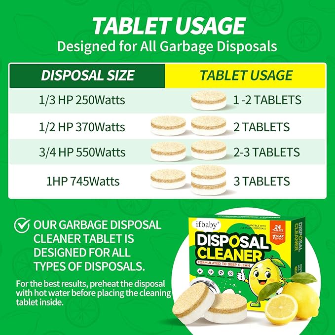 15g Extra Large Garbage Disposal Cleaner & Deodorizer Tablets - 24-Pack Foaming Tablets, Long-Lasting Lemon Scent - Deep Clean Kitchen Sink Disposer,Dissolve Grease & Odors - 1 Year Supply