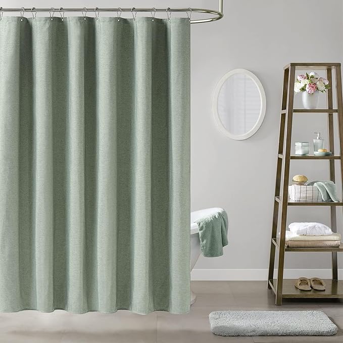 BTTN Stall Fabric Shower Curtain - 48x72 Inch Narrow Linen Textured Heavy Duty Shower Curtain Set with 8 Plastic Hooks, Hotel Spa Luxury Small Waterproof Neutral Bath Curtain for Bathroom - Sage Green
