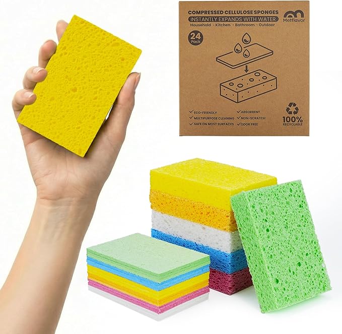 Kitchen Sponges, 24 Count, Compressed Natural Cellulose Sponges, Non-Scratch for Dishes, DIY Fun, Biodegradable & Compostable