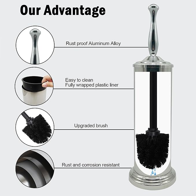 Chrome Silver Metal Toilet Bowl Brush with Handle Lid Holder, Durable Bathroom Cleaning Tool for Easy Toilet Maintenance, Bathroom Toilet Brush for Efficient Cleaning and Hygiene
