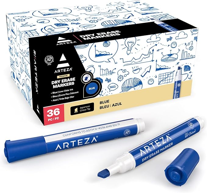 ARTEZA Dry Erase Markers, Bulk Pack of 36 Blue Whiteboard Markers with Chisel Tip, Low-Odor, Quick-Drying Ink for Office, Meeting Rooms & Home Use