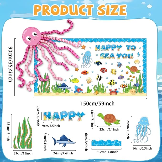 Justforjoyful 93 Pcs Sea Animal Bulletin Board Summer Classroom Decoration Under the Octopus Cutouts for Kids School Supplies Happy to Sea You Paper Wall Decor Summer Ocean Fish Cardstock Party Decor