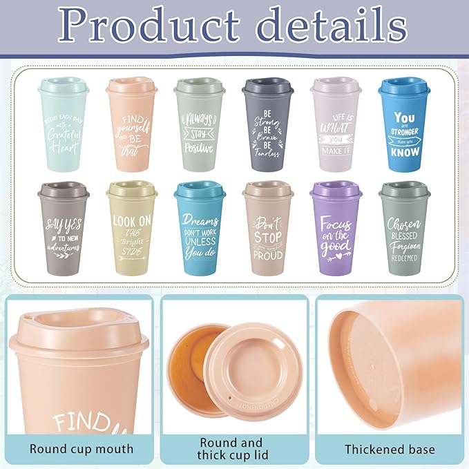 12 Pcs Inspirational Gifts for Employee Coworkers Staff Teammate, 16oz Reusable Plastic Coffee Cups with Positive Sayings, Bundle Gifts for Woman Man Coworker (Light Morandi,Inspirational)