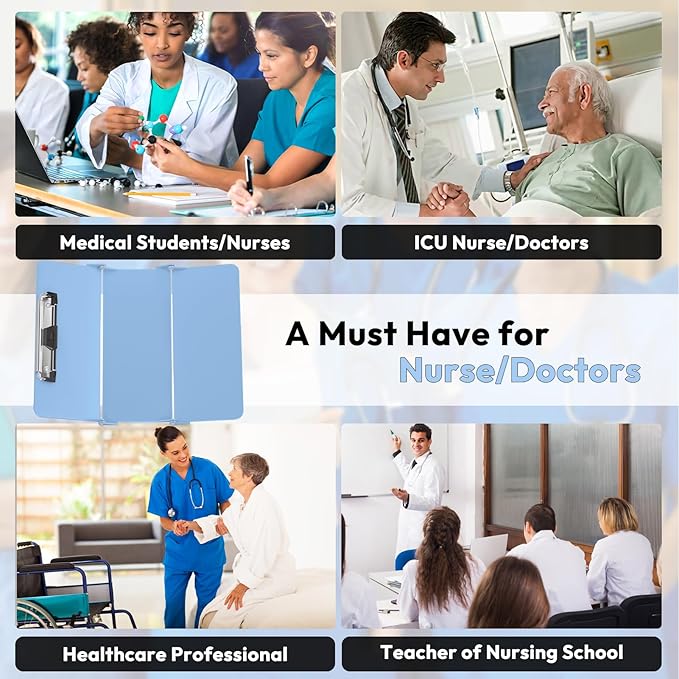 Nursing Clipboard Foldable Without Edition Cheat Charts, 3 Layers Aluminum, Nurse Board w/Low Profile Clip&Pen Clip Pocket, Light Blue