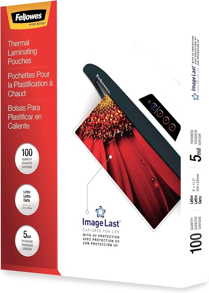 Fellowes Thermal Laminating Pouches, ImageLast, Jam Free, Letter Size, 5 Mil, 100 Pack, Clear (52040)