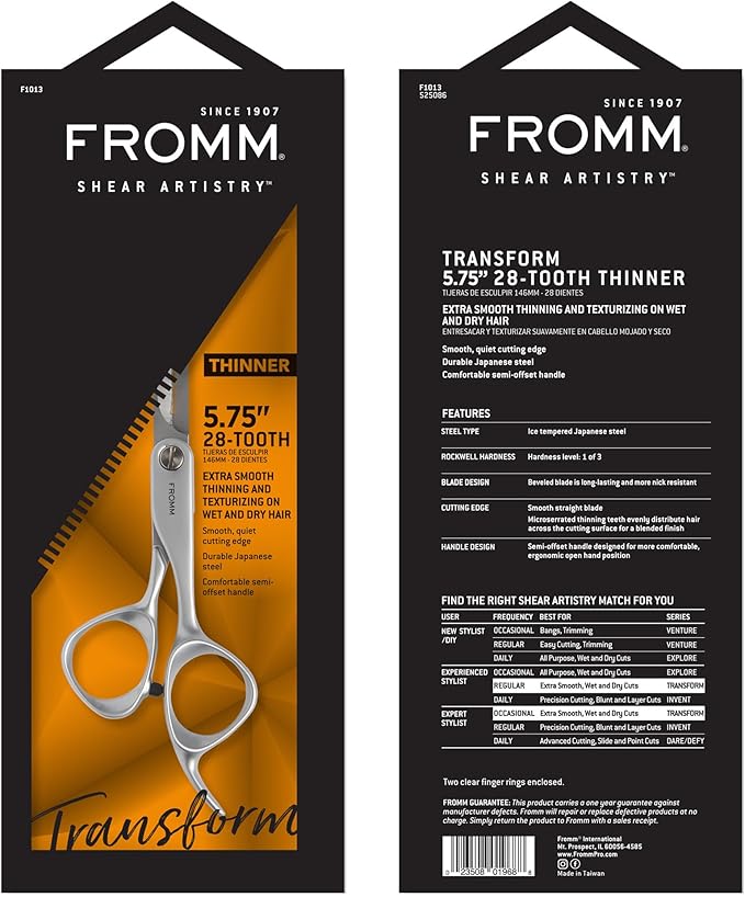 Fromm Professional Transform 5.75" 28-Tooth Extra Smooth Hair Thinning & Texturizing Shears on Wet & Dry Hair in Matte Silver Japanese Steel Scissors with Beveled Blade for Salon Stylists