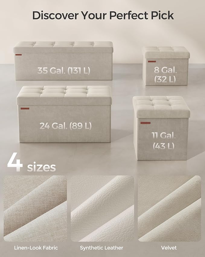 SONGMICS Mazie Collection - Storage Ottoman Bench, Foldable Foot Rest, 15 x 43 x 15 Inches, End of Bed Bench, Storage Chest, Load 660 lb, Living Room, Bedroom, Entryway, Cream White ULSF277W01