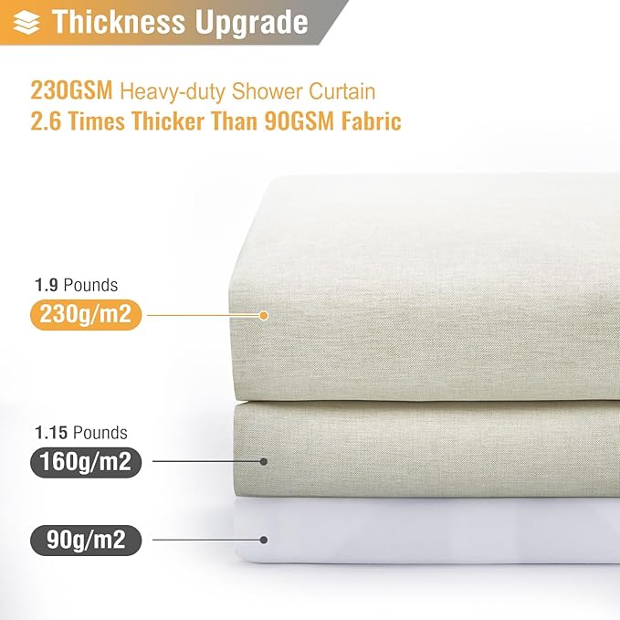 BTTN Extra Long Fabric Shower Curtain - 72 x 90 Inch Linen Textured Heavy Duty Cloth Shower Curtain Set with 12 Plastic Hooks, Large Hotel Luxury Polyester Shower Curtains for Bathroom, Light Cream