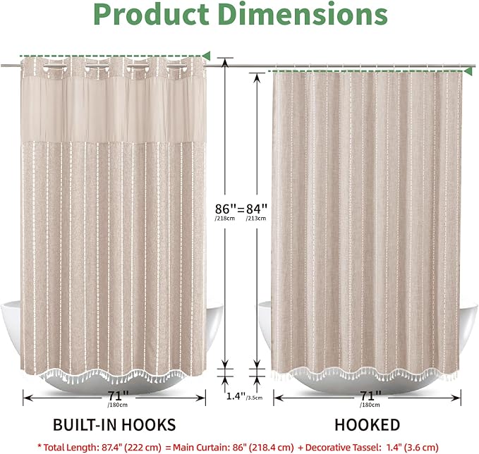 No Hook Extra Long Shower Curtain Set with Snap-in Liner,Linen Textured Thick Striped Fabric with Tassels,Boho Chic Modern Farmhouse Bathroom Curtain,Water-Repellent,Tan/Taupe,71x86