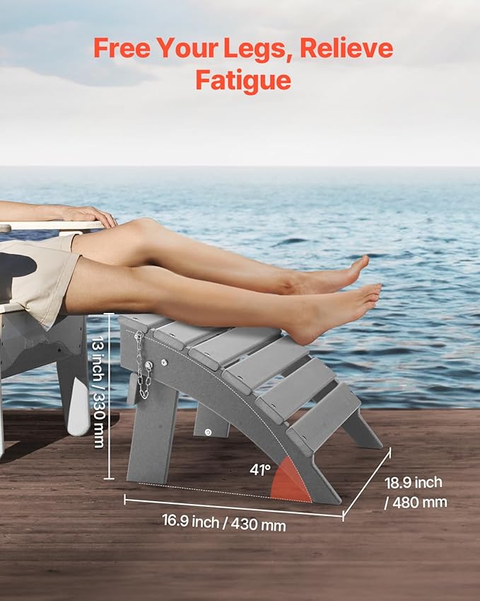 VEVOR Adirondack Ottoman, 16.9L x 18.9W x 13H Inch HDPE Plastic Folding Adirondack Ottoman, Weather-Resistant Foot Rest for Adirondack Chair, Widely Used for Outside Porch Pool Lawn Backyard, Gray