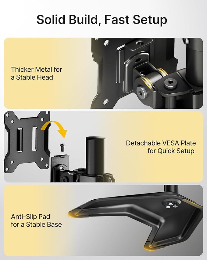 monTEK Stable Stacked Dual Monitor Stand, Heavy-Duty Vertical Monitor Mount for 17-32 inch Screen, Full Motion Arm with Tilt, Swivel, Rotation, Up to 22 lbs per Arm, Solid V-Shaped Base, VESA 100×100