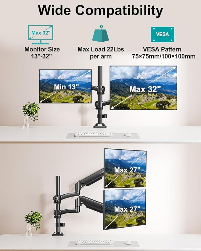 Dual Monitor Stand for Desk, Taller Monitor Arms for 2 Screens up to 32 inch, Ergonomic Adjustable Full Motion Double Computer Monitor Mount, Holds 4.4-22lbs, VESA 75/100mm, Black, Freelift