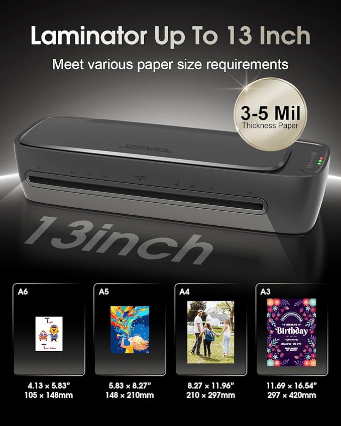 Qfun Laminator Machine 13 Inch Thermal Laminating machine 11x17 with Sheets, Cold Hot Lamination Machine 60S Warm Up Personal Laminator for Teachers, Large A3 Paper Laminate Kit for Office School Home