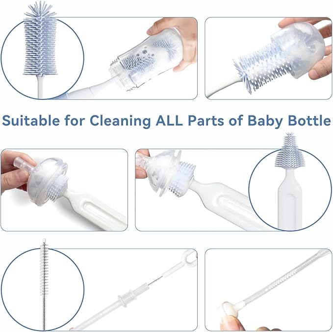 Bottle Brush Set, Innovative Efficient Press-to-Spin Brush Cleaner - Includes Silicone Baby Bottle Brush, Nipple Brush, Straw Cleaner - Spinning Generates Rich Foam for Deep Cleaning, Blue