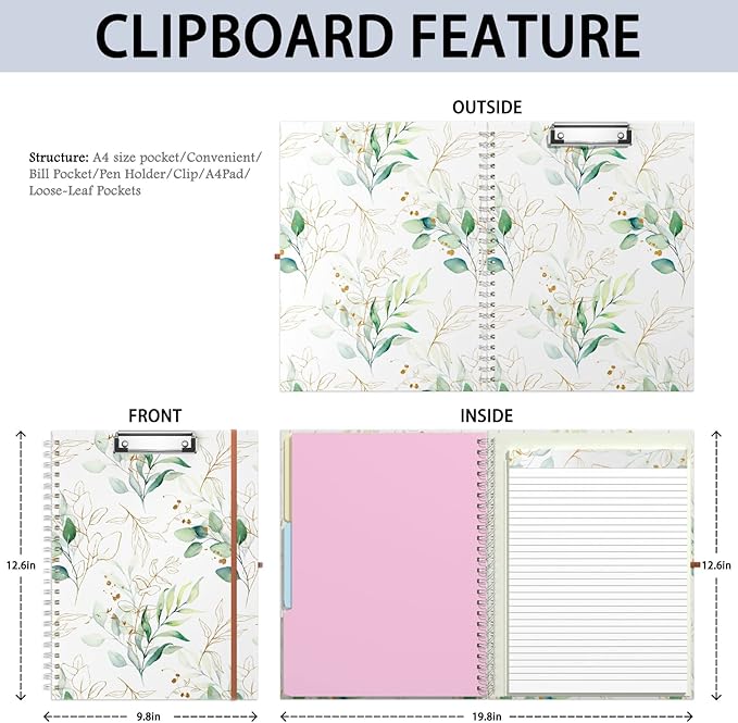 Rimilak Spiral Clipboard Folio with Refillable Lined Notepad, 14.5 x 9.8 In, Hardcover Cover with 5 Interior Pockets, Elastic Band and Pen Loop Series. Cute Stylish Clipfolio, Bohe Leaves