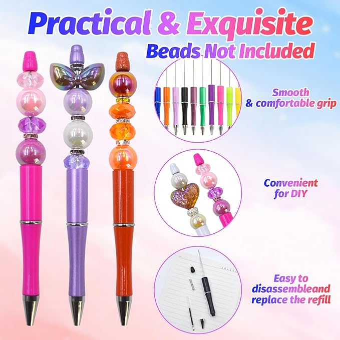 150 Pieces DIY Beadable Pen Kit – 50 Plastic Ballpoint Pens with Refills & Bags, Beads Not Included – School Supplies, Office Accessories & Craft Gifts for Students & Teachers (Multicolor)