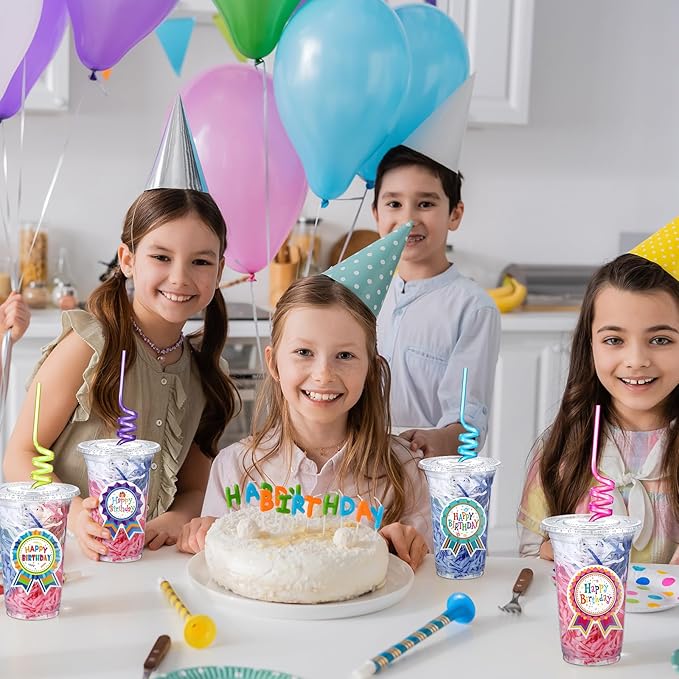 Qinyoung 24 Set Creative Happy Birthday Gifts from Teacher Students Birthday Cups with Lids Colorful Straws Stickers and Raffia Disposable Plastic Cups for Reward Kids Prize Classroom Party Supplies