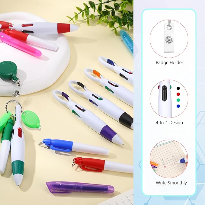 Chinco 30 Pcs Retractable Shuttle Pen Clip with Mini Highlighter Nurse Badge Pen Neon Marker LED Keychain Ring Clip