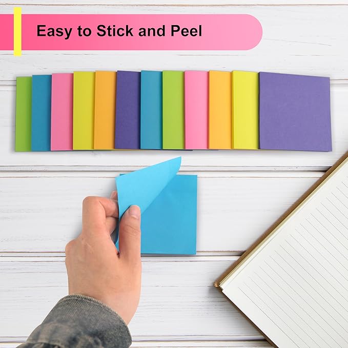 OHOME Sticky Notes - 12 Pads, 3”x3” - Colorful Self-Stick Post Notes Bulk - Office Desk Accessories | Teacher Classroom Must Haves,Aesthetic School Supplies for Home,Easter Basket Stuffers