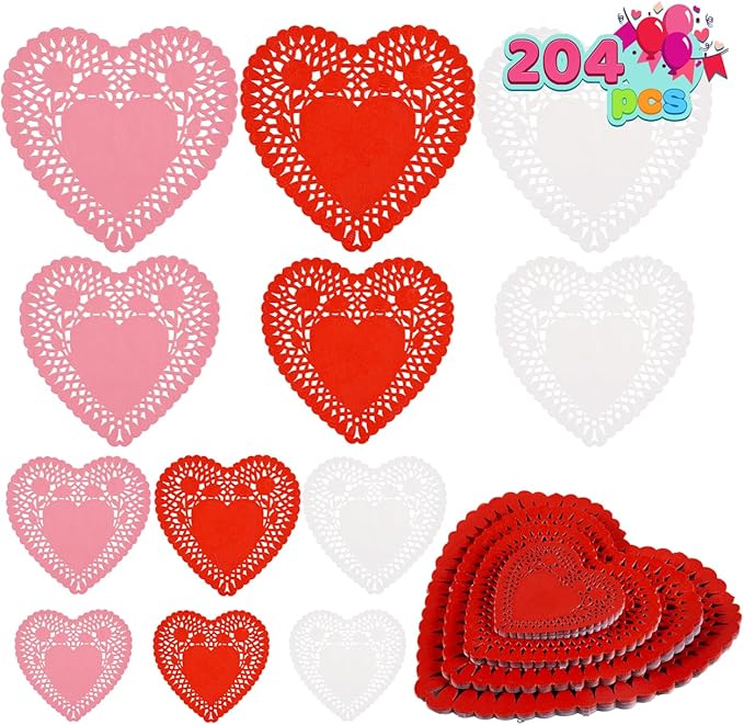 JOYIN 204 PCS Valentines Day Heart Doilies, Tableware Decoration, Home Activitie, Kitchen Disposable Table Doilies, Red White Pink Heart Crafts