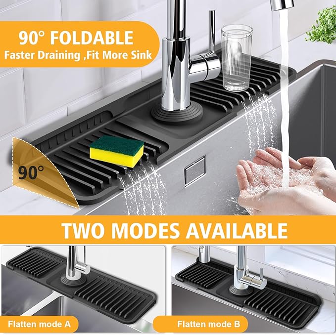 17.7-Inch Kitchen Sink Splash Guard Mat | 7° Slope for Fast Self-Draining | Snap-Lock Design | Universal & Cuttable Silicone