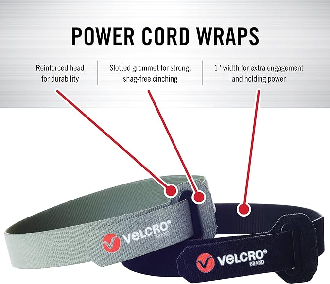 VELCRO Brand Power Cord Wraps | 24 Inch Extra Long Heavy Duty Straps for Extension Cords, Hoses, Garage Organization | 2-pack | Reinforced Head with Slotted Grommet | Black and Gray