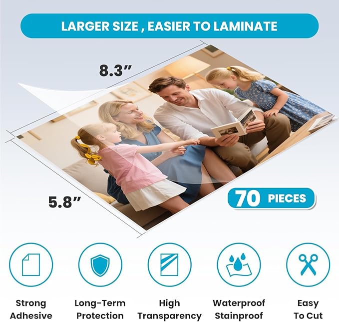 T&W SAME FILM 70 Pack Self Adhesive Laminating Sheets, 4mil, 5.8 x 8.3 Inch Laminator Sheets, Self Sealing Laminating Sheets for Laminator, Round Corner, No Heat, No Machine Needed (A5)