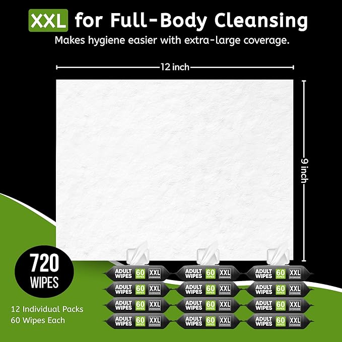 Adult Wipes for Elderly - 720 Wipes 12 Packs Thick Extra Large Disposable Washcloths for Adult Bathing & Shower Alternative No-Rinse - Lightly Scented XXL
