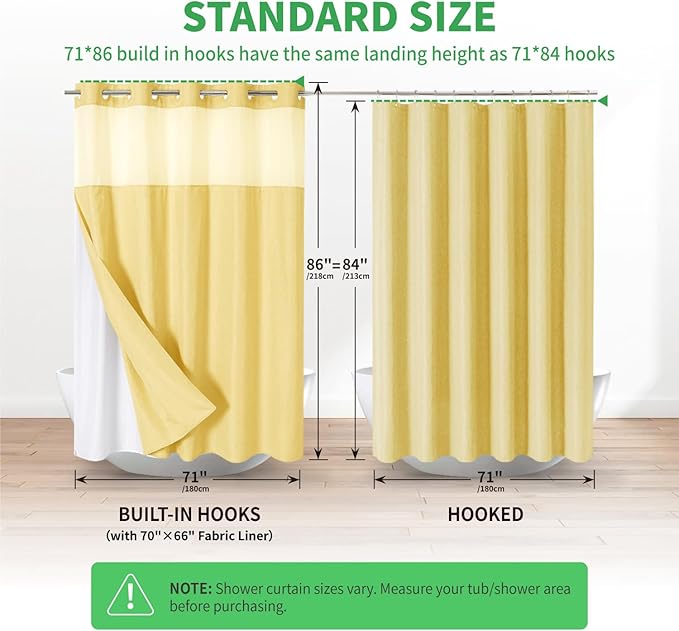 Extra Long No Hooks Needed Linen Textured Shower Curtain with Snap-in Fabric Liner Set,White Hotel Luxury Decor Shower Curtains for Bathroom,Waterproof & Washable,71Wx86H,Gold