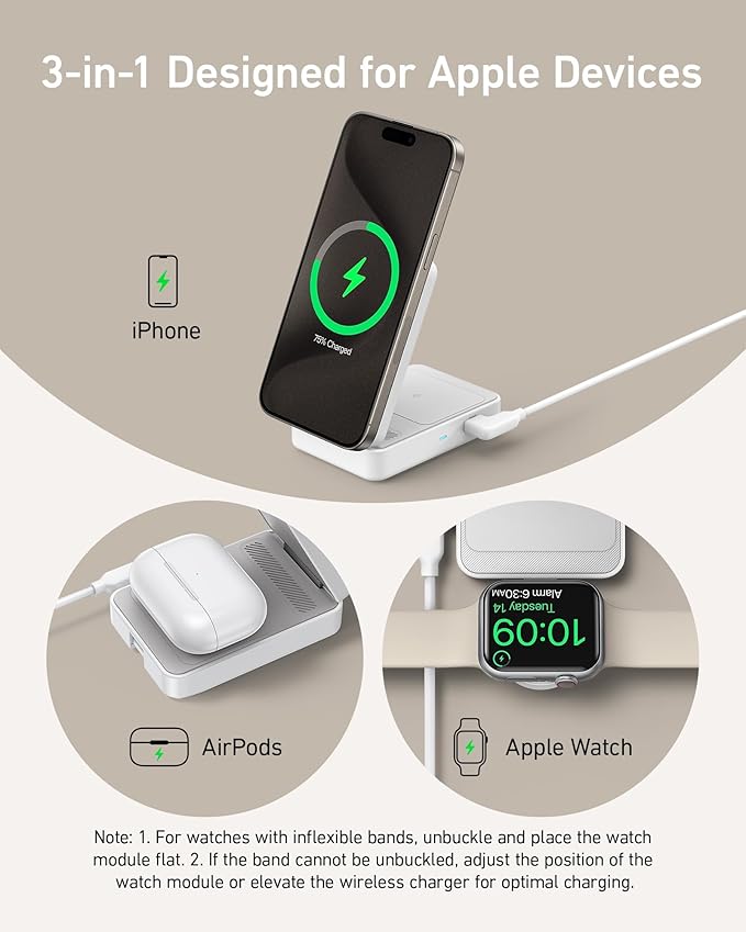 Anker MagGo 3 in 1 iPhone 17 Charging Station, MagSafe-Compatible Wireless Charger Stand, Qi2 Certified 15W Foldable Charger for iPhone 17/16/15/14/13/12, AirPods, Apple Watch Ultra(Adapter Included)