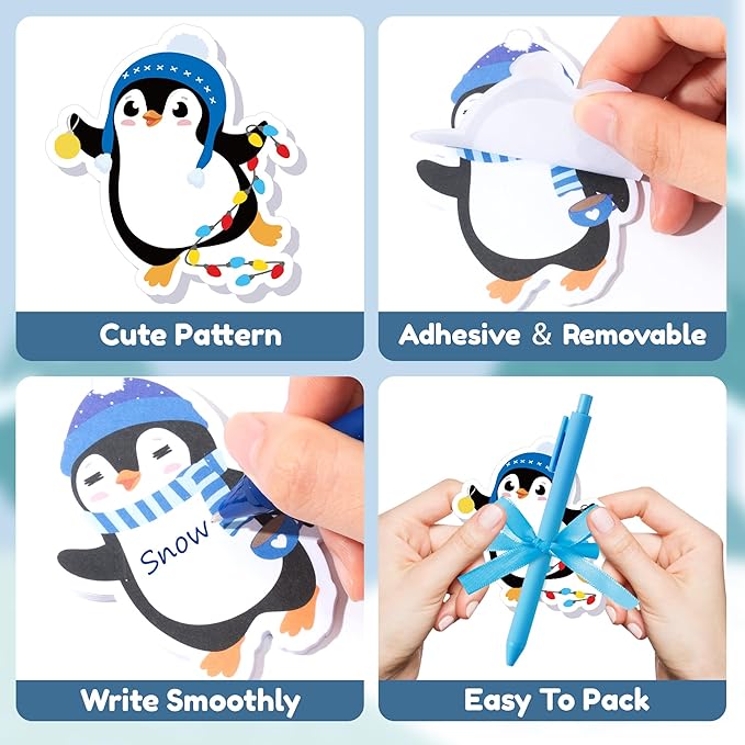 Xqumoi Winter Penguin Sticky Notes with Pen Gift Set - 24 Set Christmas Polar Animal Self Sticky Writing Memo Notepads Ballpoint Pens Mesh Bag Party Favors School Classroom Rewards Office Supplies