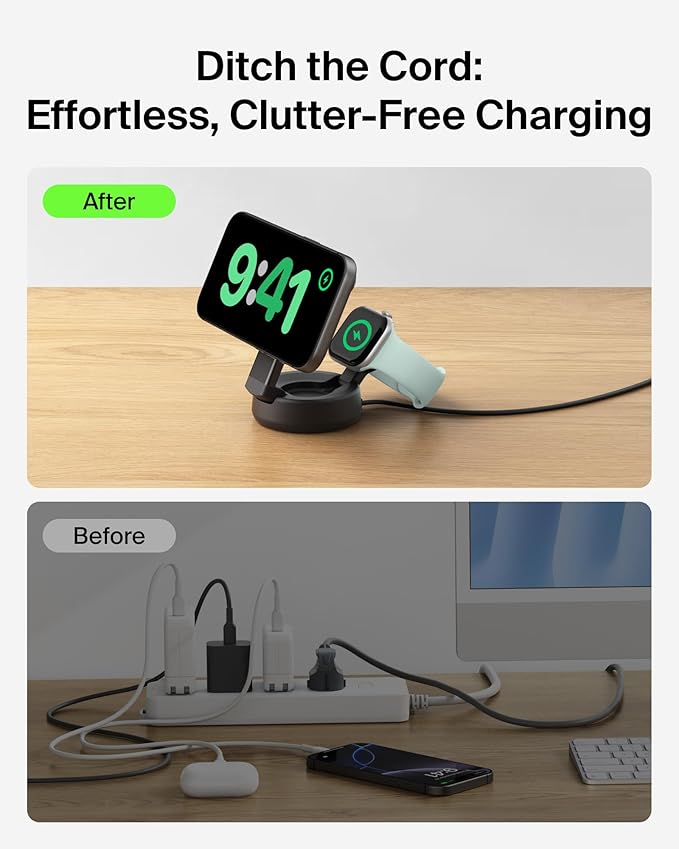 Belkin MagSafe Charger Compatible, 2-in-1 Wireless Charging Station, Qi2.2 25W Convertible Magnetic Charger for iPhone 17, Apple Watch Series 10, Google Pixel 10, and More (45W Adapter Included)