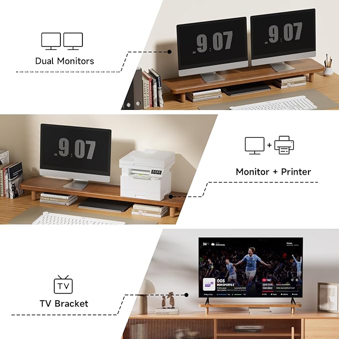Dual Monitor Stand Riser, 39Inch Extra Long Wooden Desktop Monitor Riser with Storage for 2 Monitors Ultra Strong Desk Shelf Organizer Riser Ergonomic for 2 Screens/Laptop/PC/TV/Printer, Large, Walnut