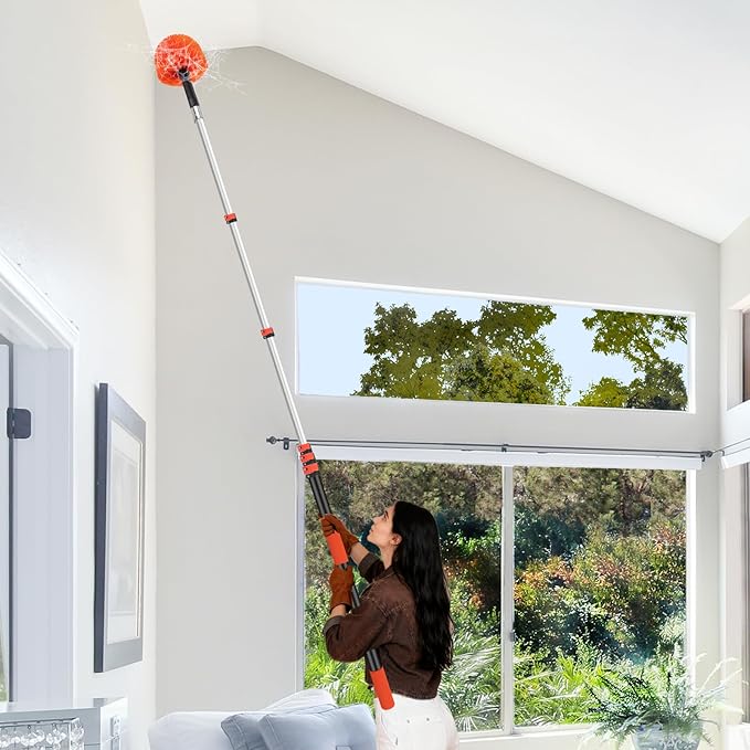 30FT Cobweb Duster with Extension Pole - High Reach Duster for High Ceilings & Outdoor Use - Telescoping Pole 5-24 Ft, Soft Bristles Cobweb Cleaner - 3/4" Acme Universal Thread