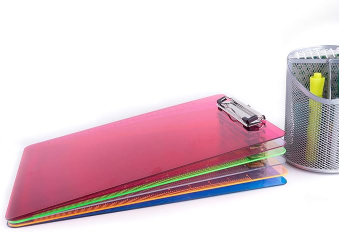 Super Z Outlet Slim Plastic Transparent Thin Lightweight Colorful Fun Clipboard with Ruler Measurements, Hanging Hook for Portable Classroom Children Teacher College Size (9" x 12.5") (6 Pack)