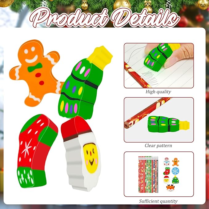 Cinrobiye 48 Pcs Christmas Gift Set Holiday Pencil Case Pouches Festive Pencils Erasers Xmas Party Favors Supplies Stocking Stuffers Goody Bag Fillers Teacher Rewards Prizes Holiday Exchange Gifts