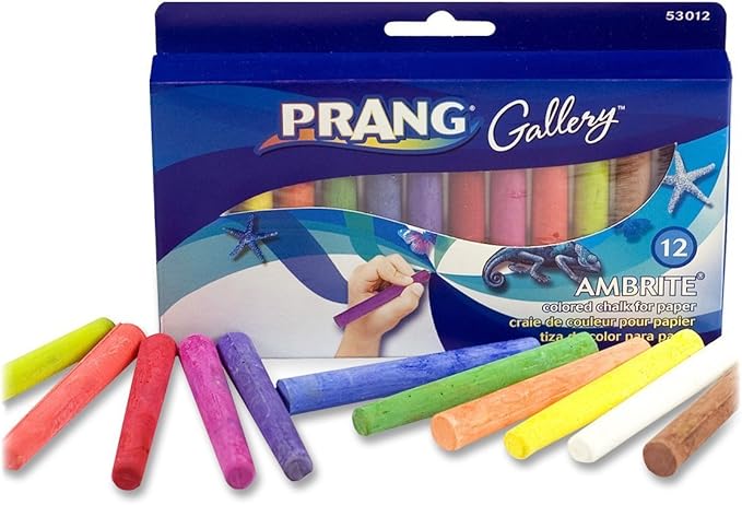 Prang Gallery Ambrite Paper Chalk, Colored Chalk for Use on Wet or Dry Paper, Tapered, Assorted Colors, (53012), Multicolored, 12 Count (Pack of 1)