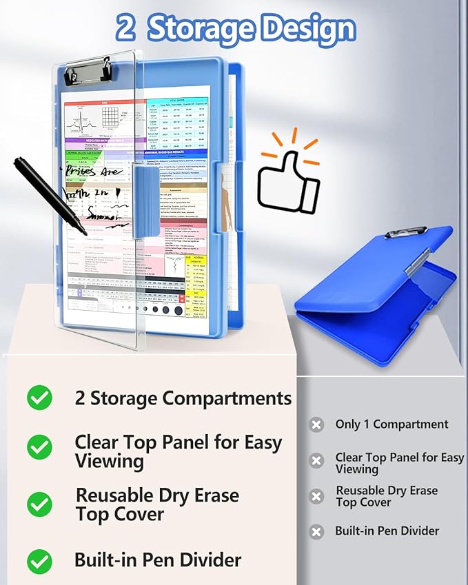 Clearview Clipboard with 2 Storage, Dry Erase 8.5x11 Heavy Duty ClipBoards - High Capacity Coaches Clip Board with Pen Holder - Side Opening Plastic Nursing Clip Case - Aqua Blue