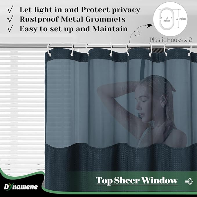 Dynamene 78 Inch Long Shower Curtain, Tall Waffle Fabric Shower Curtains for Bathroom, Hotel Waterproof Cloth Shower Curtain Liner Set with Hooks, Snap in Liner, Mesh Top Window, Navy Blue, 72x78